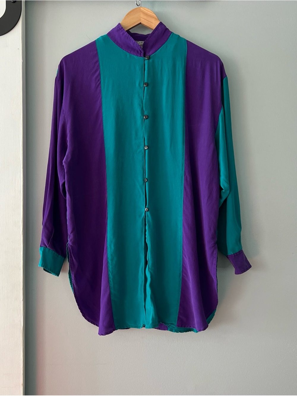 80s Robert Stock Long Sleeve Band Collar Long Shirt Silk Colorblock Purple/Teal